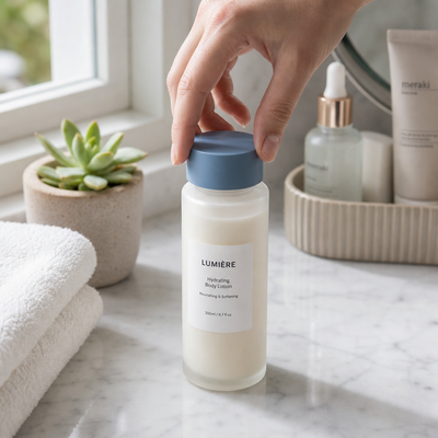 Blauwgrijze, ronde, gladde, matte plastic dop voor cosmetische flessen