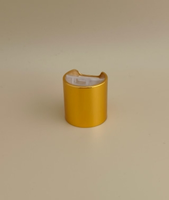 Gele aluminium-kunststof ronde gladde dop met doorzichtige knop voor huidverzorgingsflessen