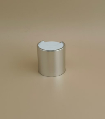 Zilverkleurige aluminium-kunststof ronde gladde dop met witte knop voor huidverzorgingsflessen